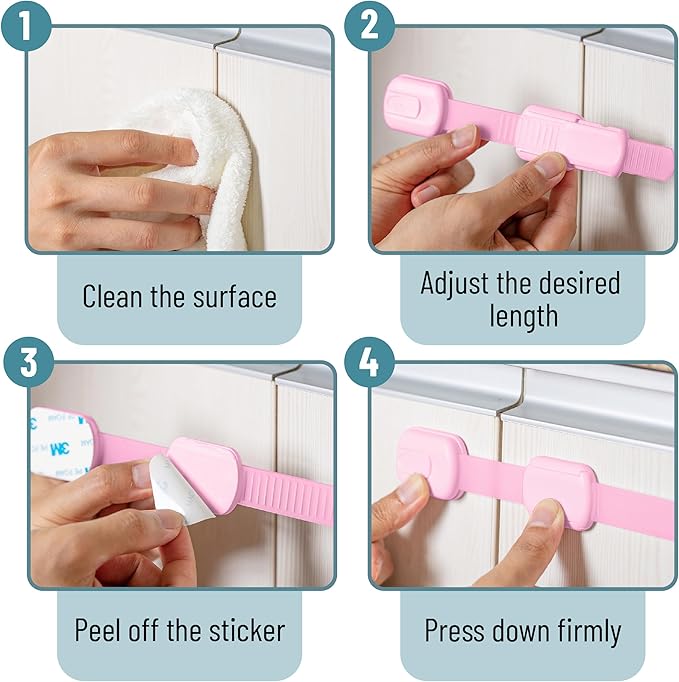 Bates- Child Safety Strap Locks, 6 Pack, Pink, Baby Cabinet Locks