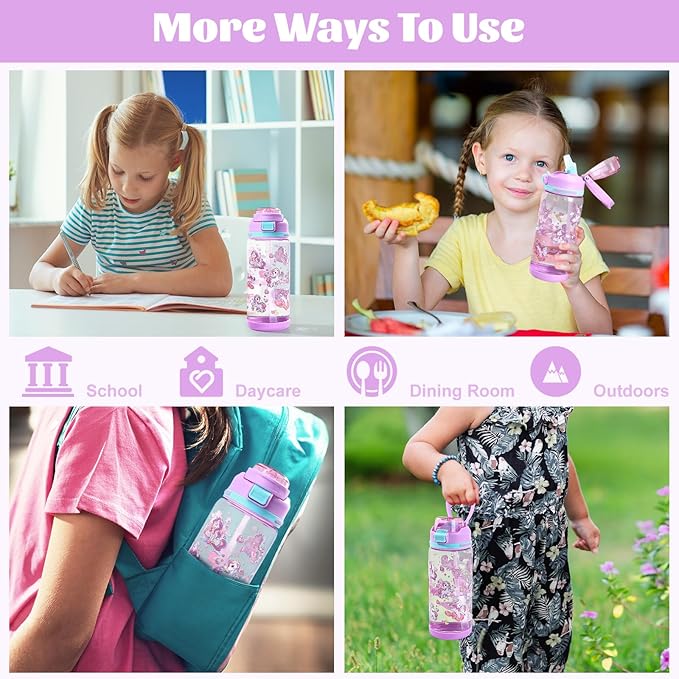 decalsweet Kids Water Bottle 20oz Durable Leak-Proof Plastic Water Cup for Kids Toddlers,With Straw Handle and Pop-Up Spout Cover,Safe for School Sports Daycare Travel & Camp