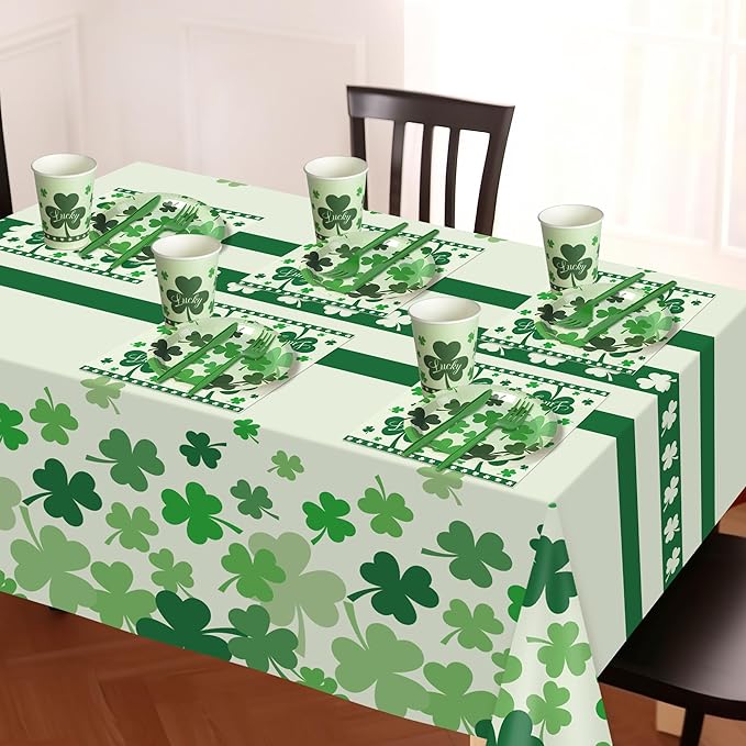 Childom St Patricks Day Party Supplies Decorations,147 Pcs Disposable St Patricks Day Tableware Set with Green Plastic Tablecloth Knives Fork,Paper Plates Napkin Cups for St Patrick's Day Decorations