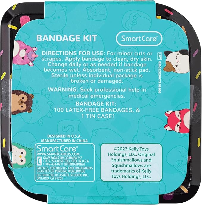 Smart Care Squishmallow Bandage Kit, Cute Bandages for Kids, Infants & Children, Latex-Free, Assorted Variety Pack with Travel Size Tin Case, 100CT