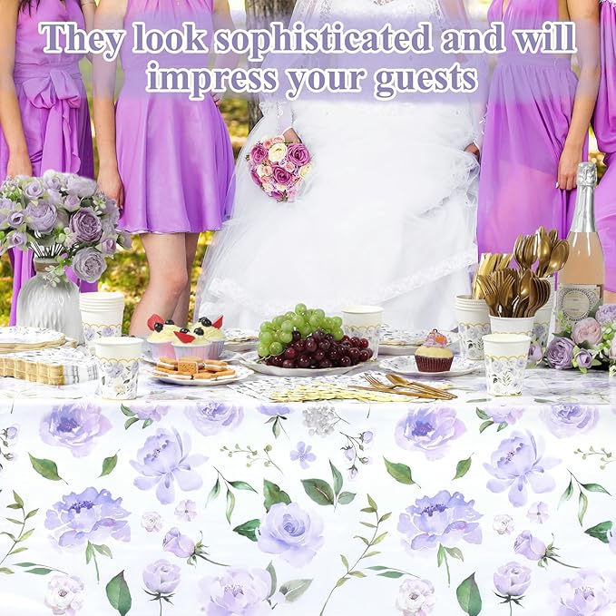 Pickmesh 194 Pcs Purple Floral Party Supplies for 24 Guests, Spring Floral Paper Plates and Napkins Cups Tablecloth Cutlery for Women Birthday Tea Bridal Shower Garden Party Supplies
