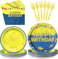 Grencian 96Pcs Yellow Cartoon Birthday Party Decorations Yellow Cartoon Paper Plates and Napkins Banana Theme Disposable Tableware for Banana Theme Birthday Decorations Serves 24