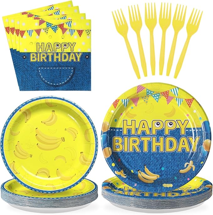 Grencian 96Pcs Yellow Cartoon Birthday Party Decorations Yellow Cartoon Paper Plates and Napkins Banana Theme Disposable Tableware for Banana Theme Birthday Decorations Serves 24