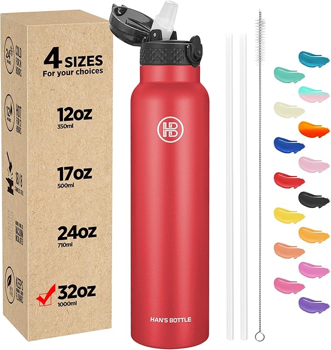 Han's Bottle Sports Water Bottle - 32 Oz, Straw Lid, Leak Proof, Vacuum Insulated Stainless Steel, Double Walled, Thermo Mug,Red
