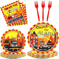 100 Pcs Firetruck Birthday Party Decorations Fireman Plates and Napkins for Firefighter Party Supplies Fire Truck Birthday Theme Disposable Dinnerware Set for Kids Fireman Party Favors Serve 25