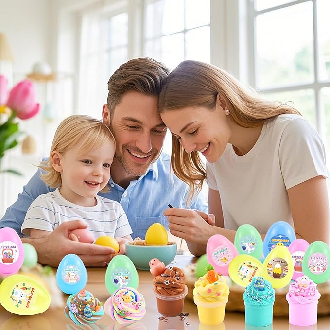8Pack Butter Slime kit for Kids,Easter Basket Stuffers Party Favors Stretchy and Non-Sticky, Sensory Play Kit and Easter Basket Fillers Slime and Charms - Prefilled Eggs