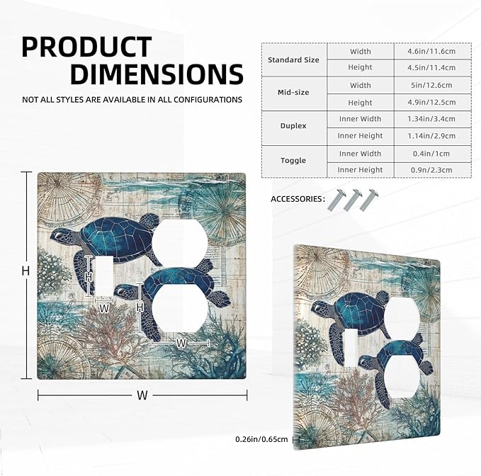 Blue Green Sea Turtle Tropical Ocean Coral Nautical Map Wallplates 1 Toggle 1 Duplex Switch Plate Electrical Gfci Faceplate Decorative Light Switch Covers For Bed Room Bathroom Decor