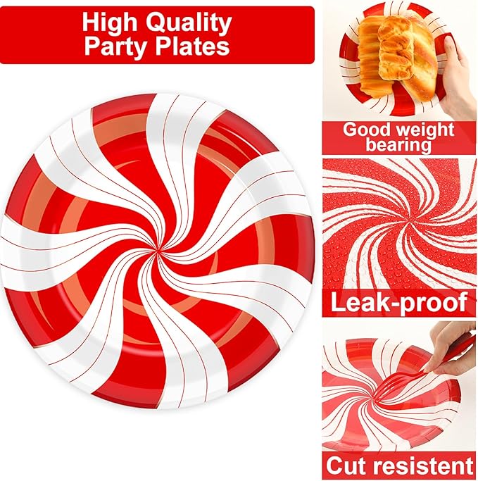 100Pcs Christmas Peppermint Paper Plates and Napkins Party Supplies Candy Cane Party Tableware Set Red and White Striped Christmas Winter Party Decor Favors for Holiday Xmas Theme Party Serves 25