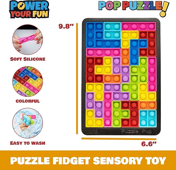 Power Your Fun Pop Puzzle Popper Fidget Game - 27pc Jigsaw Puzzle Game Pop Push It Bubble Sensory Fidget Toys for Learning, Stress Relief Silicone Push It Popper Board for Kids and Adults (Black)