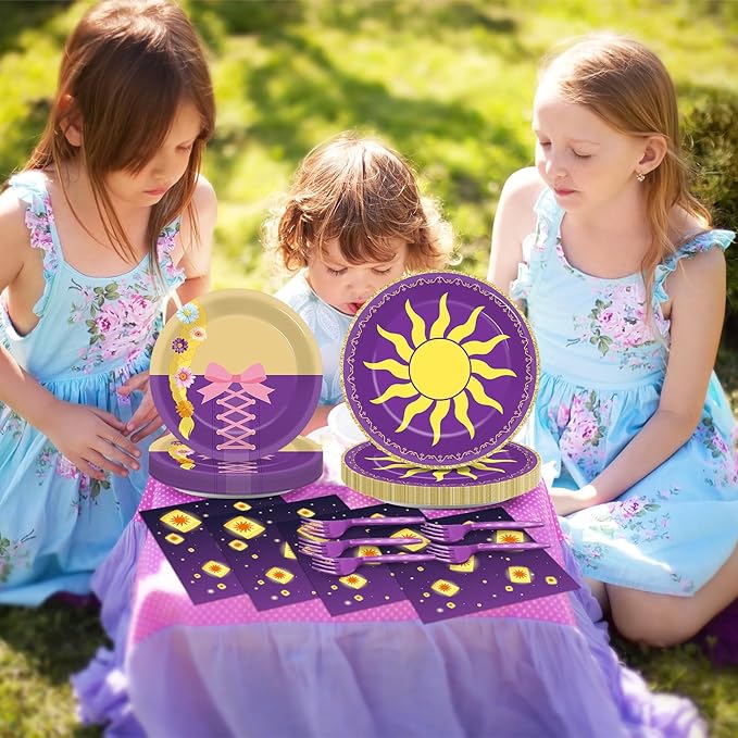96Pcs Purple Sun Party Decorations Purple Princess Paper Plates and Napkins Princess Sun Themed Disposable Tableware Set for Girls Birthday Baby Shower Wedding Fairytale Party Supplies Serves 24
