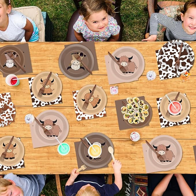 96Pcs Highland Cow Birthday Party Supplies Brown Highland Cows Paper Plates Napkins Holy Cow Park Party Tableware Disposable Checkered Dinnerware Decoration Set for Kids Birthday Baby Shower Table Dec