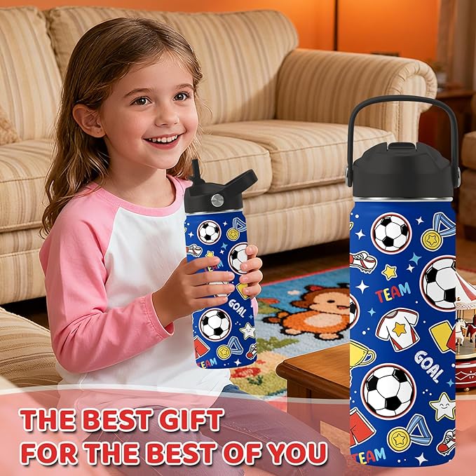 Soccer Gifts for Kids - 18 Oz Kids Water Bottle with Straw Lid, Stainless Steel Insulated Tumbler, Leak Proof, BPA-Free, for Girls, School, Travel - Soccer Lovers Children Birthday Gifts Cups(1pc)