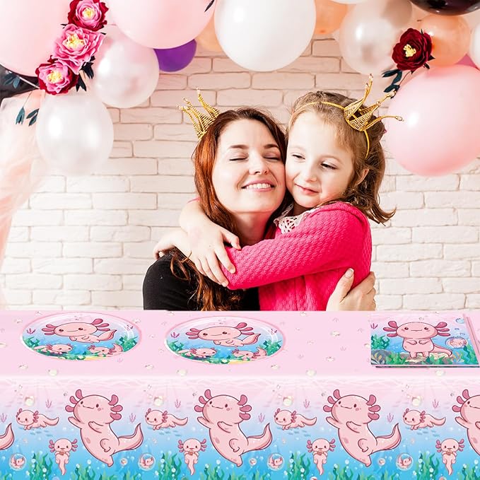 41Pcs Pink Axolotl Birthday Party Supplies Reptile Animals Theme Tableware Set Cartoon Axolotl Party Disposable Plates,Napkin,Tablecloth丨Baby Shower Boys Girls Birthday Decorations Supplies,Serves 20