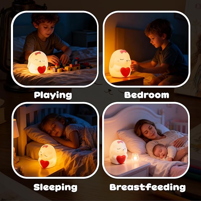 Rechargeable Rabbit Night Light for Kids: Soft silicone squishy LED with 7 colors & dimming. Fits college dorms, baby rooms; great for breastfeeding. Ideal gifts for girls & boys.