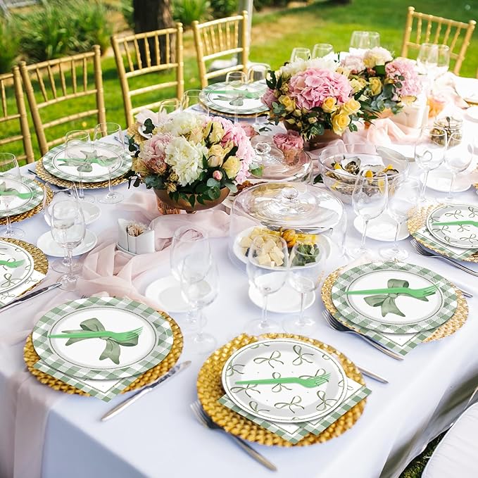 CHUNNIN 96Pcs Green Plaid Bow Spring Plates and Napkins Party Decorations Bow Theme Dessert Paper Plates Napkins Birthday Tableware Set for 24 Guests Girls Baby Shower Picnic BBQ Party Suppliess