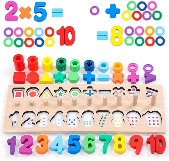 GeroCrew Wooden Montessori Toys for Kids Toddler Number Puzzles Sorter Counting Shape Stacker Stacking Game Preschool Toys for Boy Girl Learning Education Math Blocks Year Old Girl Gifts (Rainbow)