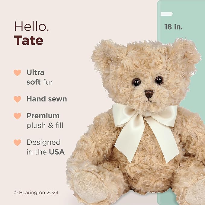 Bearington Tate Teddy Bear Stuffed Animal - 18" Soft Teddy Bear Plush Toy - Classic Design Cuddly Bears with Satin Bow - Adorable Floppy Beige Plush Animal Gift for Kids and Toddlers