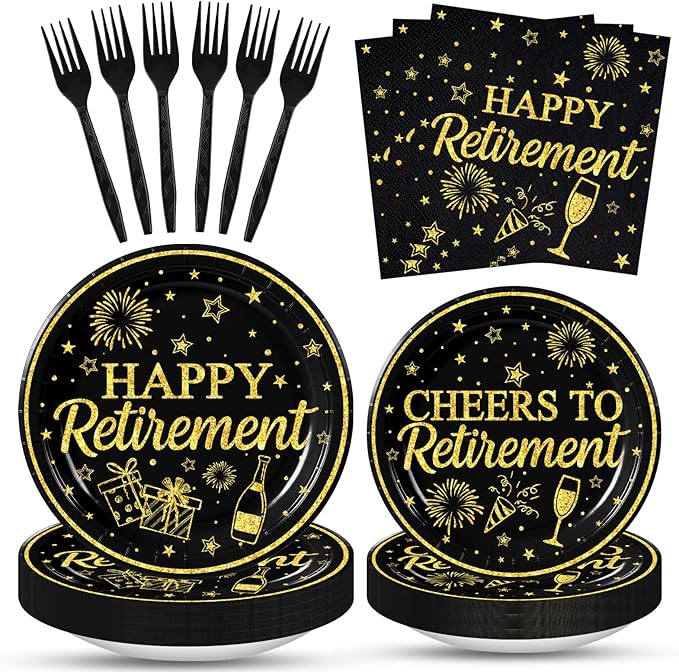 100 Pcs Happy Retirement Tableware Party Supplies Set, Serves 25 – Disposable Black and Gold Paper Plates, Napkins, and Forks, Cheers to Retirement Dinnerware Party Decorations