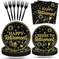 100 Pcs Happy Retirement Tableware Party Supplies Set, Serves 25 – Disposable Black and Gold Paper Plates, Napkins, and Forks, Cheers to Retirement Dinnerware Party Decorations