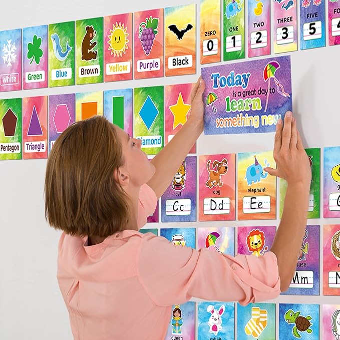 58 Pieces Educational Preschool Cards Kids Early Learning Poster Alphabet Number Colors and Shapes Bulletin Board Decoration Kindergarten Classroom Learning Card with Glue Point Dot (Watercolor Style)