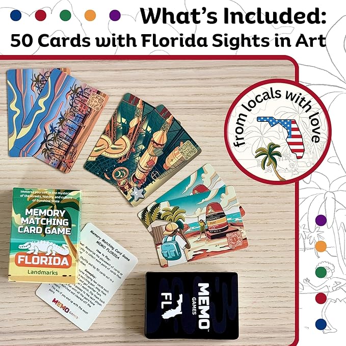 Florida Landmarks Memory Matching Card Game – 50 Cards, Educational & Fun Family Game for Adults & Seniors – Travel Pack