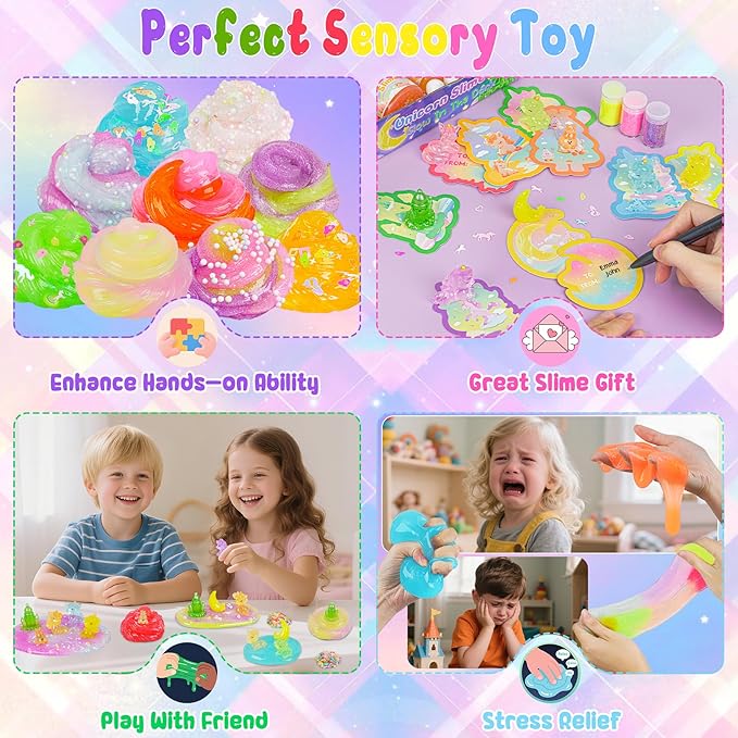 Unicorn Magic Glow-in-The-Dark Slime Kit 9 Pack with Glow Charms - DIY Slime Set Sensory Toys, Rainbow Slimes Party Favors for Girls & Boys Gift