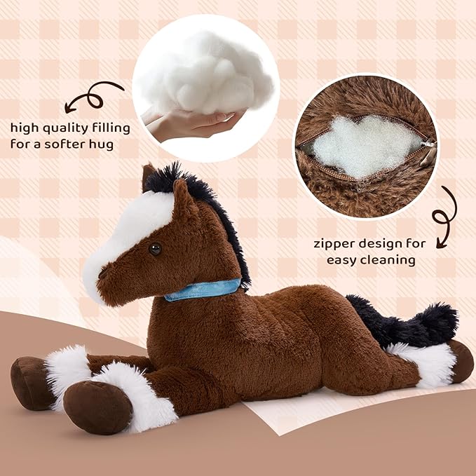 Tezituor 35Inches Large Horse Stuffed Animal, 3 Feet Realistic Stuffed Pony Plush Toy, Hugging Soft Chocolate Horse Plush Body Pillow Gift for Kids Girlfriend
