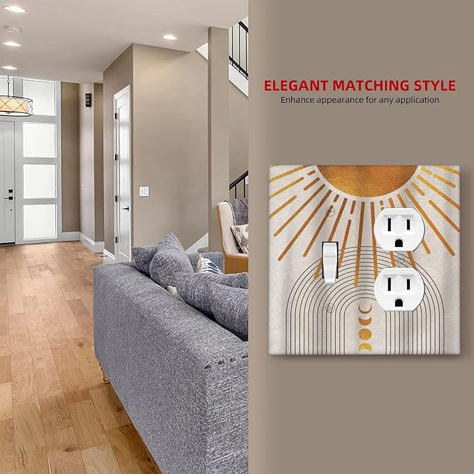 Decorative Outlet Covers Mid Century Gold Sun Abstract Arch Boho Moon 2 Gang Wall Plate Cover Single Toggle Duplex Combo Two Switch Light Switch Cover Plate Jumbo Dual GFCI Face Plate