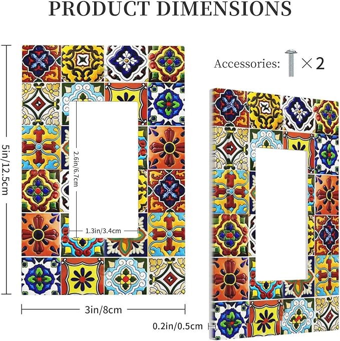 Retro Matte Mosaic Moroccan Mexican Mandala Boho Talavera Style Ceramic Tile 1 Gang Single Decorator/GFCI Device Outlet Wall Plate Electrical One Rocker Decorative Light Switch Cover Faceplate Dimmer