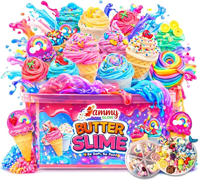 Butter Slime Kit for Girls Ages 8-12, 6 Pack Pre-Made Slime Kit with Charms, Sprinkles, Ice Cream Add-Ins & Storage Case, Soft Non-Sticky Sensory Gift for Kids