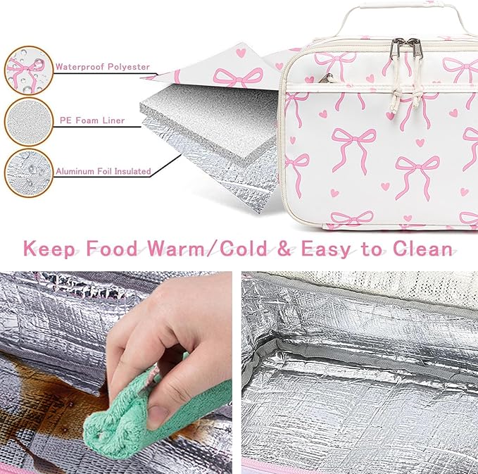 LOIDOU Insulated Lunch Bag for Kids Girls, Cute Bow Insulated Lunch Box Bag for Toddler, Womens Small Lunch Tote, Lunch Box Containers for School Work Picnic, Pink