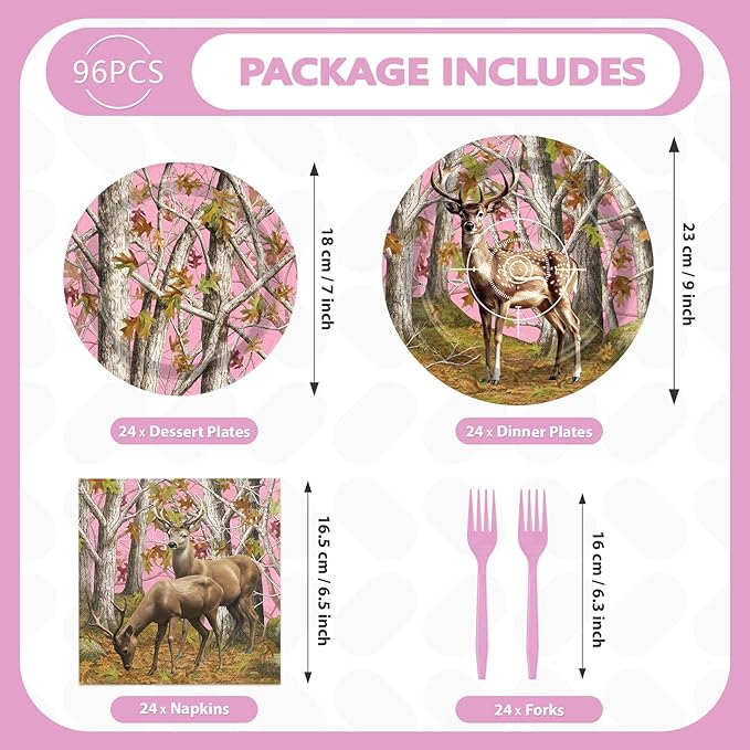 96Pcs Pink Hunting Deer Camo Decorations Woodland Deer Plates and Napkins Tableware Sets Hunting Themed Decorations for Hunter Outdoor Camping Picnic Camouflage Party Supplies Serves 24