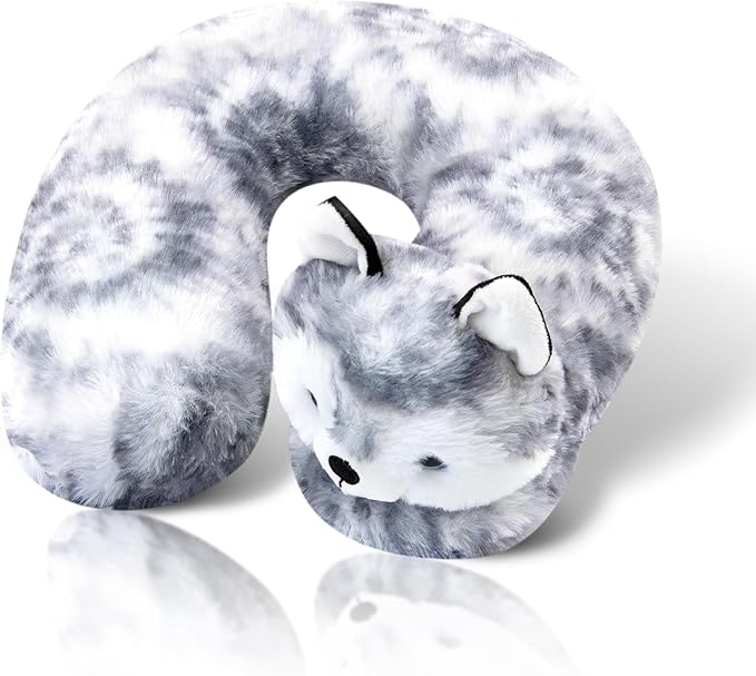Cloudz Kids Super Soft N' Cuddly Animal Airplane Travel Neck Pillow! Keep Children Comfy and Supported with a Buddy While Traveling or just Resting at Home - Grey Wolf