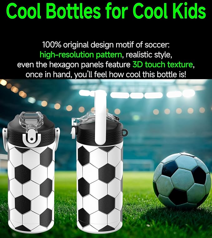 MYFOREST 14oz/400ml Insulated Kids Water Bottle, Odor-Free Surgical Grade Liner, Dishwasher-Safe, Name Spot, Soft Sipper, Gift for Sports Fan (Soccer)