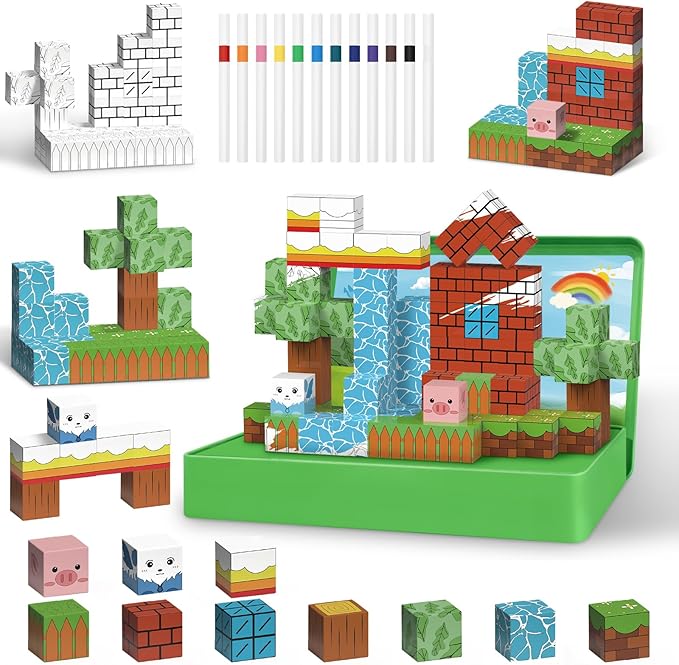 Intoypad Magnetic Blocks Painting Travel Toys for Kids, 48PCS Magnetic Building Blocks with 12 Paint Pens & Iron Box Art Craft Kits Magnet Blocks Cube Birthday Gifts for Boys Girls Road Trip Car Games