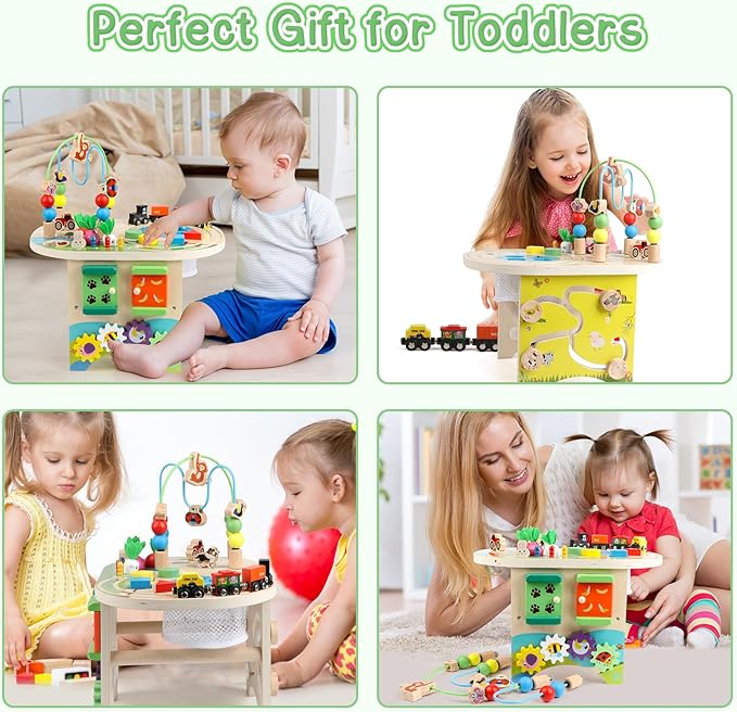 Activity Table for 1 Year Old Montessori Educational Learning Toys for 1 2 Year Old Girls Boys Toddlers Baby 12-18 Months 1st First Birthday Gifts 10 in 1 Wooden Bead Maze Sensory Center Toys
