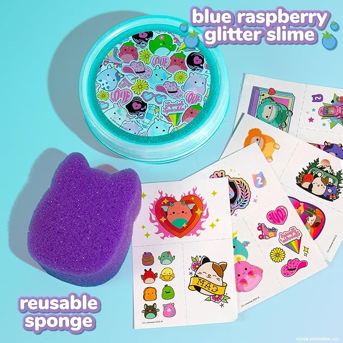 SLIMYGLOOP Tattoozee, Squishmallows Tattoo Transfer Slime Kit, Sensory Play for Kids Ages 6+, Blue Raspberry Scented, Glitter Texture