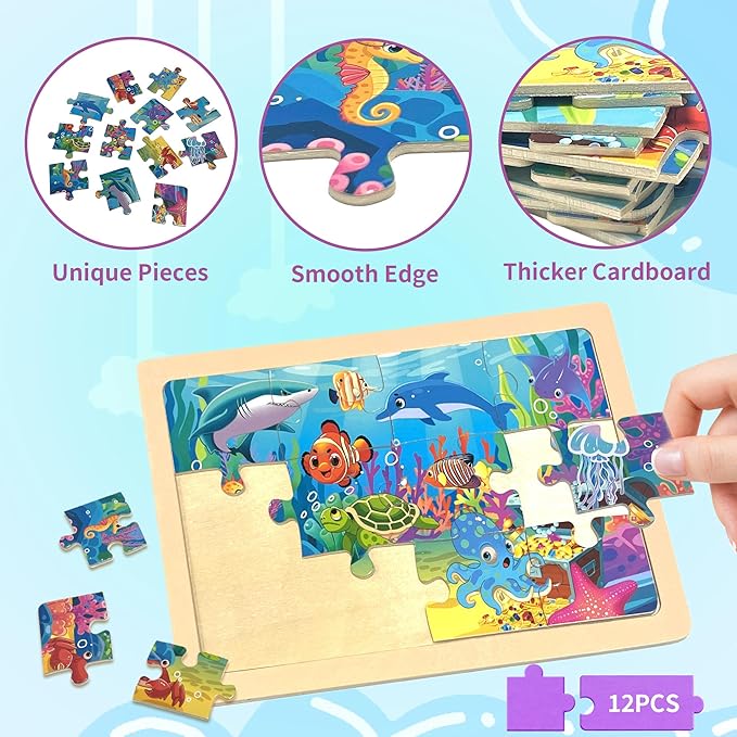 Wooden Puzzles for Toddler Ages 3+, 12 Piece Vehicle Farm Space Ocean Jigsaw Puzzles for Kids 4 Packs, Preschool Toddlers Learning Activity Puzzles Toys for Boys Girls 3 4 5 6 Years Old