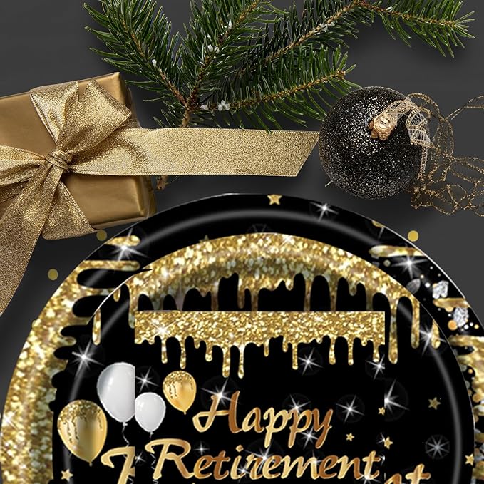 Retirement Party Plates and Napkins Set,Happy Retirement Party Supplies Decorations for Men Women Gold and Black Disposable Tableware Kit, Serves 25