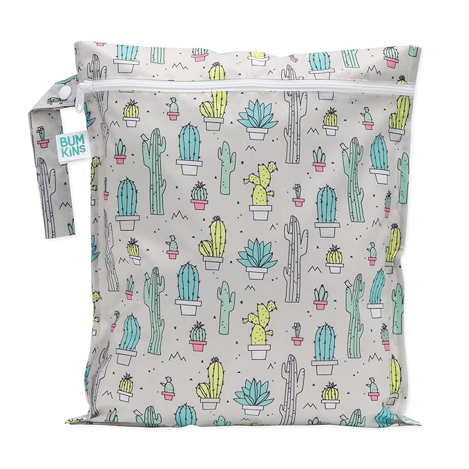 Bumkins Waterproof Wet Bag for Baby, Travel, Swim Suit, Cloth Diapers, Pump Parts, Pool, Beach, Gym Clothes, Toiletry, Hook to Stroller, Daycare, Zipper Reusable Wetdry Packing Pouch, Cactus Green