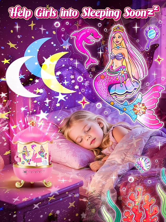 Princess Projector Toy, 【18 Films+15 White Noises】Princess Toys Sound Machine Baby, 360° Rotating Girls Night Light Birthday Gifts, Early Educational Princess Toys for Girl 4-6, Mermaid Toys for Girls