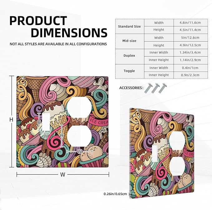 Cartoon Hand Drawn Ice Cream Doodles Colorful Print Wallplates 1 Toggle 1 Duplex Switch Plate Electrical GFCI Faceplate Decorative Light Switch Covers for Kids Room Nursery Decor