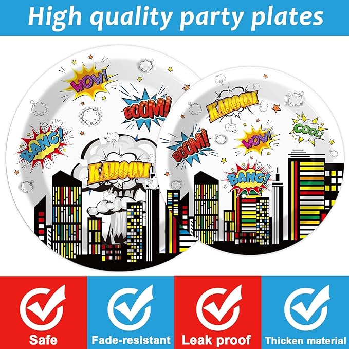 200pcs Super Party Plates Napkins Forks Hero Theme Party Tableware Set Hero Action Sign Party Disposable Paper Dessert Cake Dinnerware Boy Girl Happy Birthday Party Baby Shower Decor Supplies Serve 50
