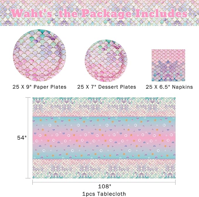 Mermaid Birthday Party Supplies-Mermaid theme Birthday Decorations,Ocean Party Supplies Disposable Dinnerware for Girls Baby Shower Serves 25 Guests with Paper Plates,Napkins,Tablecloth