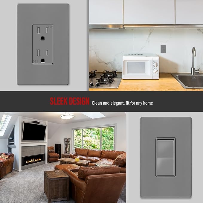 ENERLITES Screwless Decorator Wall Plate Child Safe Outlet Cover, Grey Switch Cover, Gloss Finish, Medium Size 1-Gang 4.88" H x 3.11" L, Unbreakable Polycarbonate Thermoplastic, SI8831M-GY, Gray
