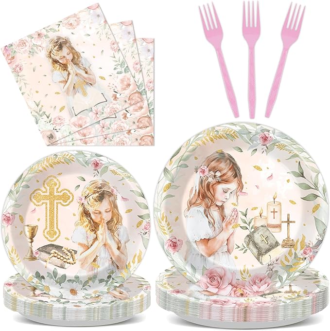 96Pcs First Communion Plates and Napkins for Baptism God Bless Party Supplies Pink Mi Primera Comunion Paper Dessert Plates Tableware Set for Girl 24 Guests Baby Birthday Christening Party Decorations