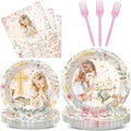 96Pcs First Communion Plates and Napkins for Baptism God Bless Party Supplies Pink Mi Primera Comunion Paper Dessert Plates Tableware Set for Girl 24 Guests Baby Birthday Christening Party Decorations