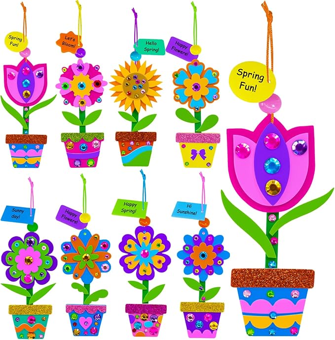 Winlyn 24 Sets Potted Flower Craft Kits DIY Potted Flower Ornaments Decorations Tulip Sunflower Foam Stickers Arts and Crafts for Kids Classroom Activities Birthday Spring Summer Camping Party Favors