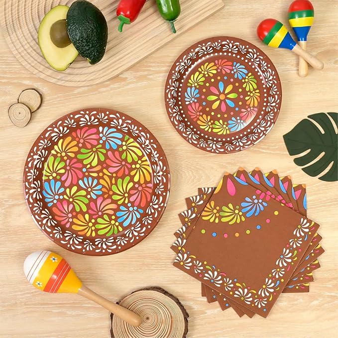 WERNNSAI Cielito Lindo Party Decoration - 48PCS Mexican Plates and Napkins Platos de Barro Mexicanos for Birthday Baby Shower Cinco de Mayo Talavera Party Decor Serves 16 Guest