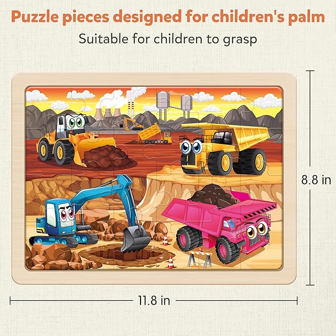 SYNARRY Large Wooden Construction Vehicle Puzzles for Toddlers 3-5, 24 Piece Monster Truck Puzzles for Kids Ages 4-6, Construction Toys for 3 4 5 6 Year Old, Kids Toys Easter Basket Stuffers Gifts